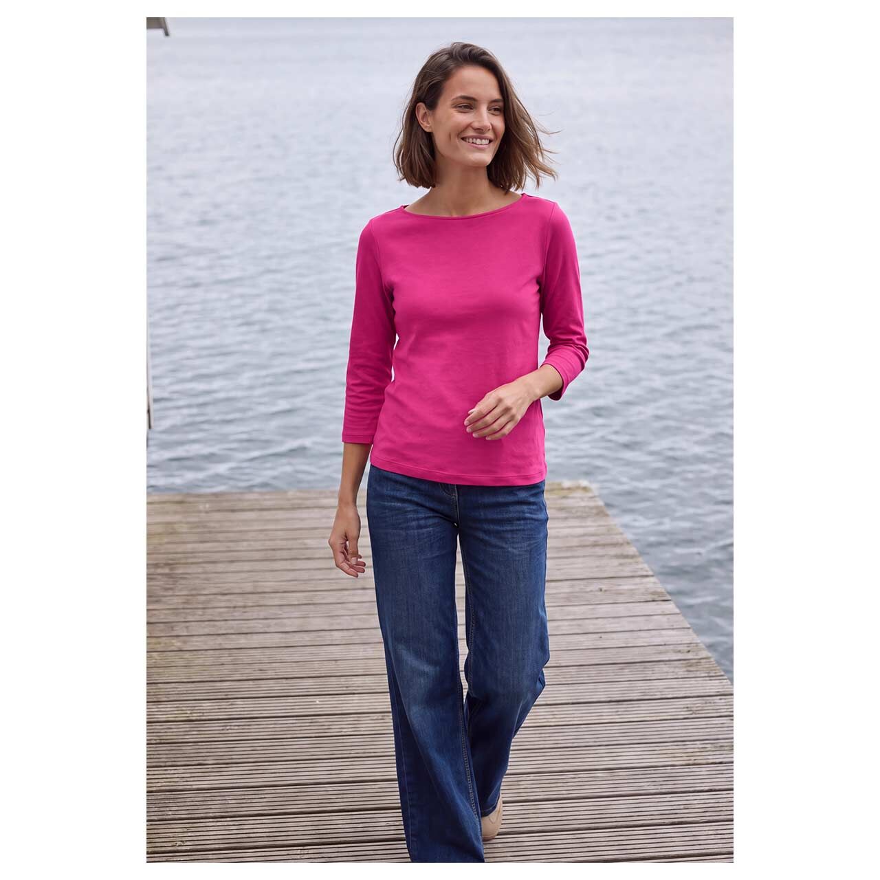 Damen 3/4 Arm Shirt Basic Boatneck von Cecil in Pink, Vorderansicht am Model