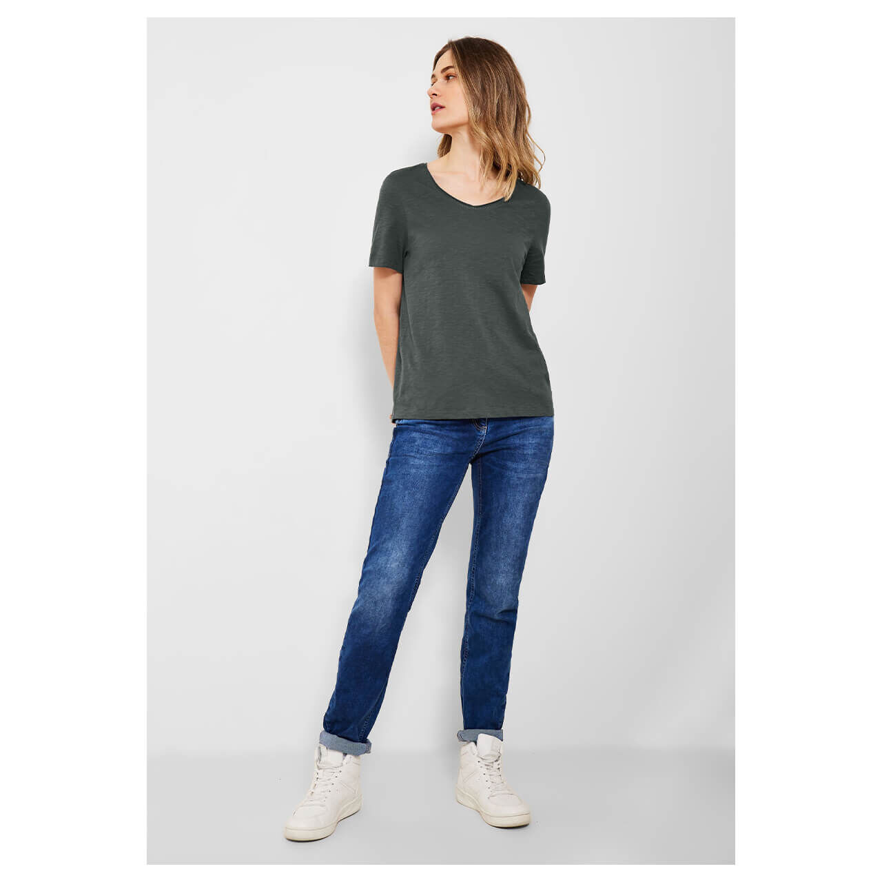 Cecil Basic Rounded V-Neck T-Shirt easy khaki