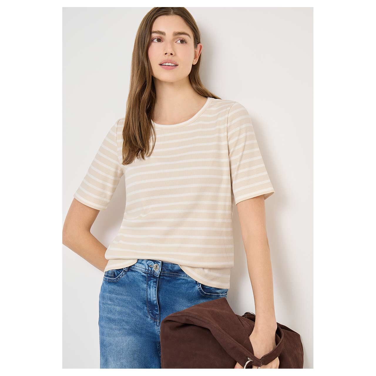 Damen T-Shirt Basic Stripe von Cecil in Beige gestreift, Vorderansicht am Model