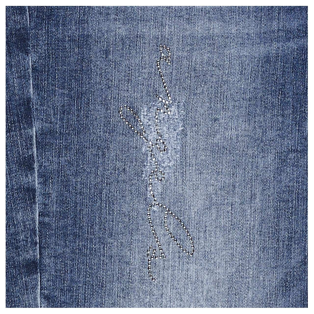 Damenjeans Boyfriend Sparkle von Angels in Blau verwaschen mit Destroyed-Effekten, Detailansicht Destryoed- und Glitzer-Effekt