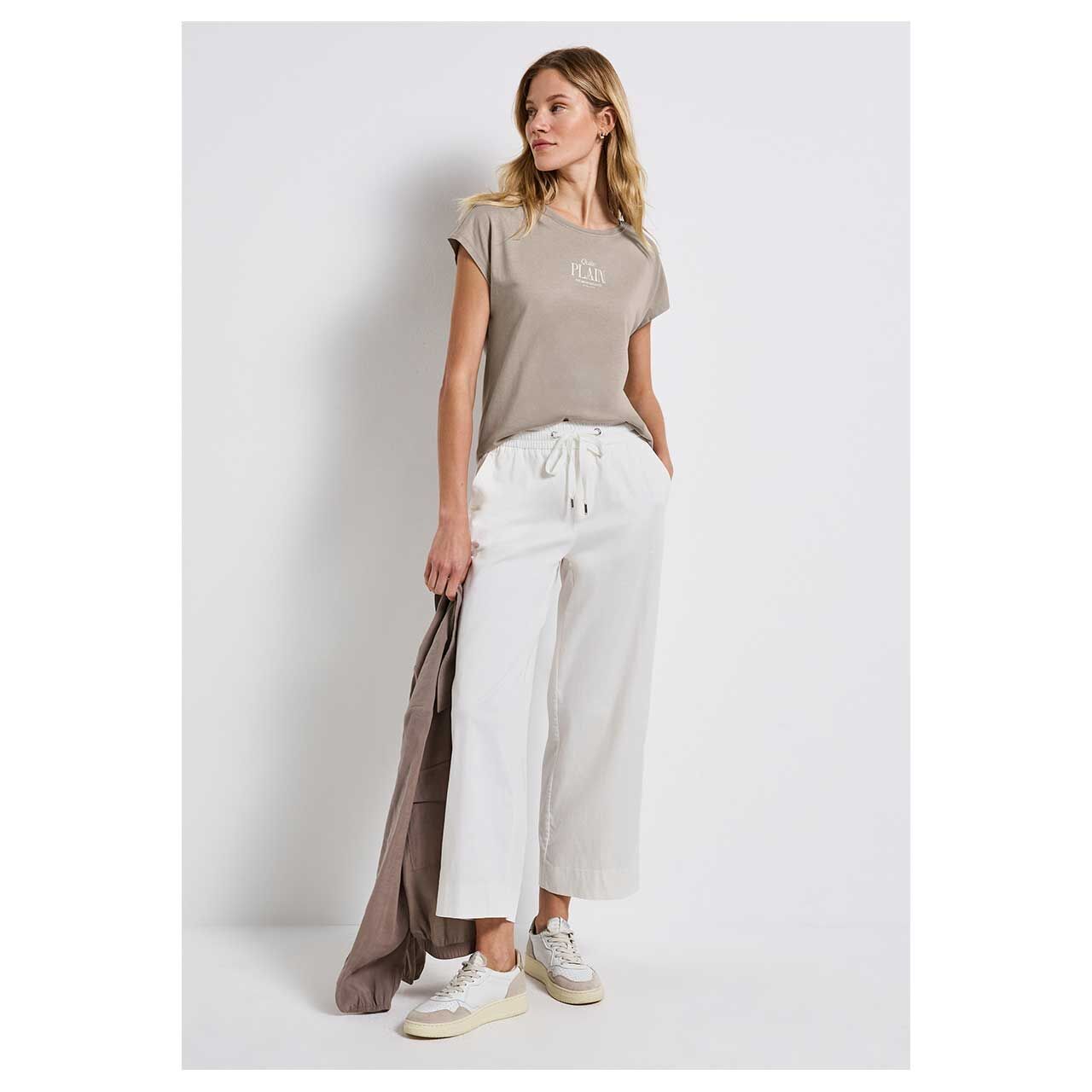 Damen T-Shirt Basic Partprint von Street One in Sandbraun, Ganzkörperansicht Outfit Modell