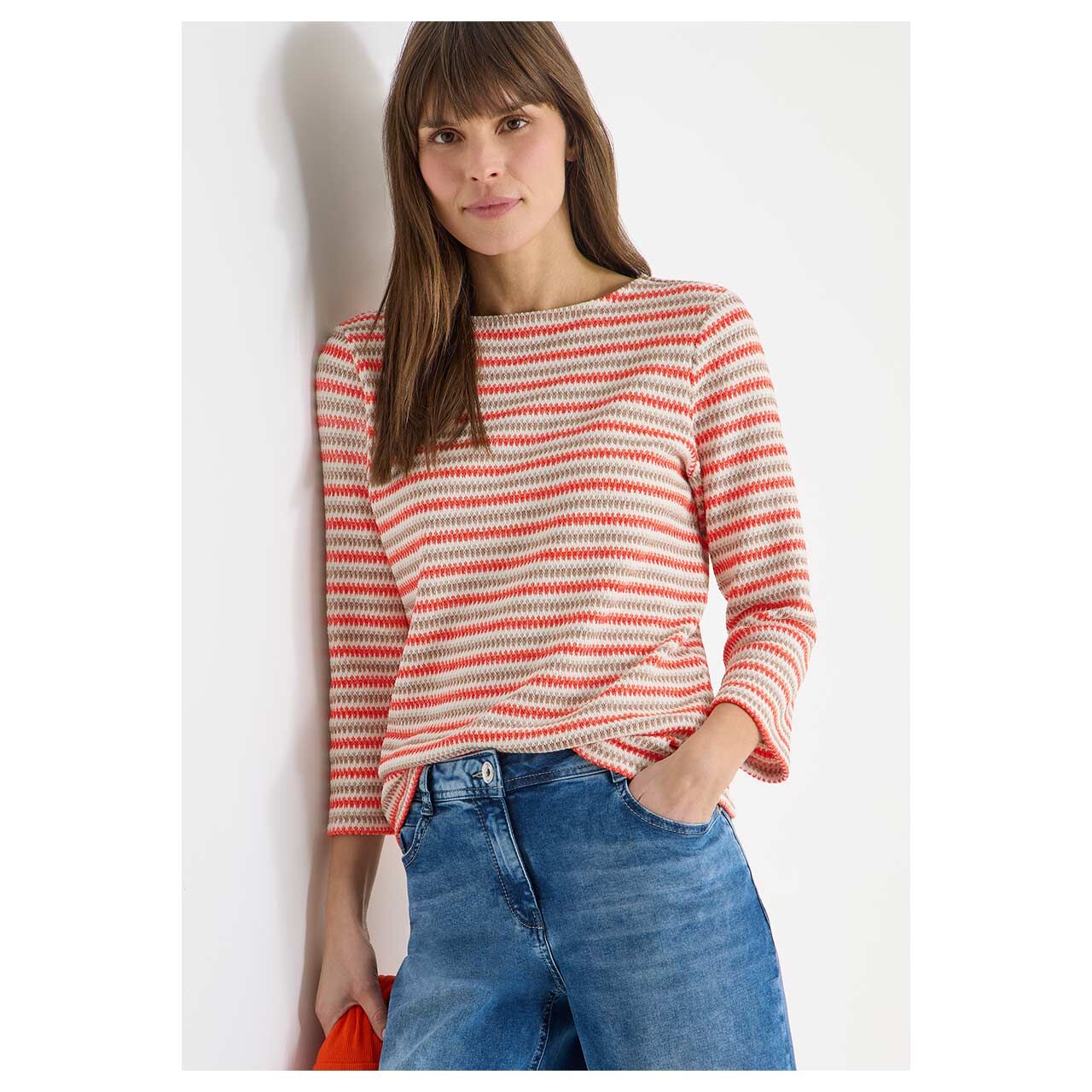 Damen 3/4 Arm Shirt Multi Stripe Knit von Cecil in Orange-Rot, Vorderansicht am Model