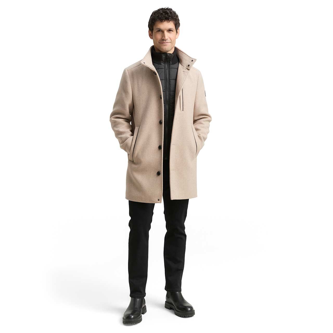 Herren Mantel Wool Coat 2 in 1 von Tom Tailor in Beige mit Print, Ganzkörperansicht