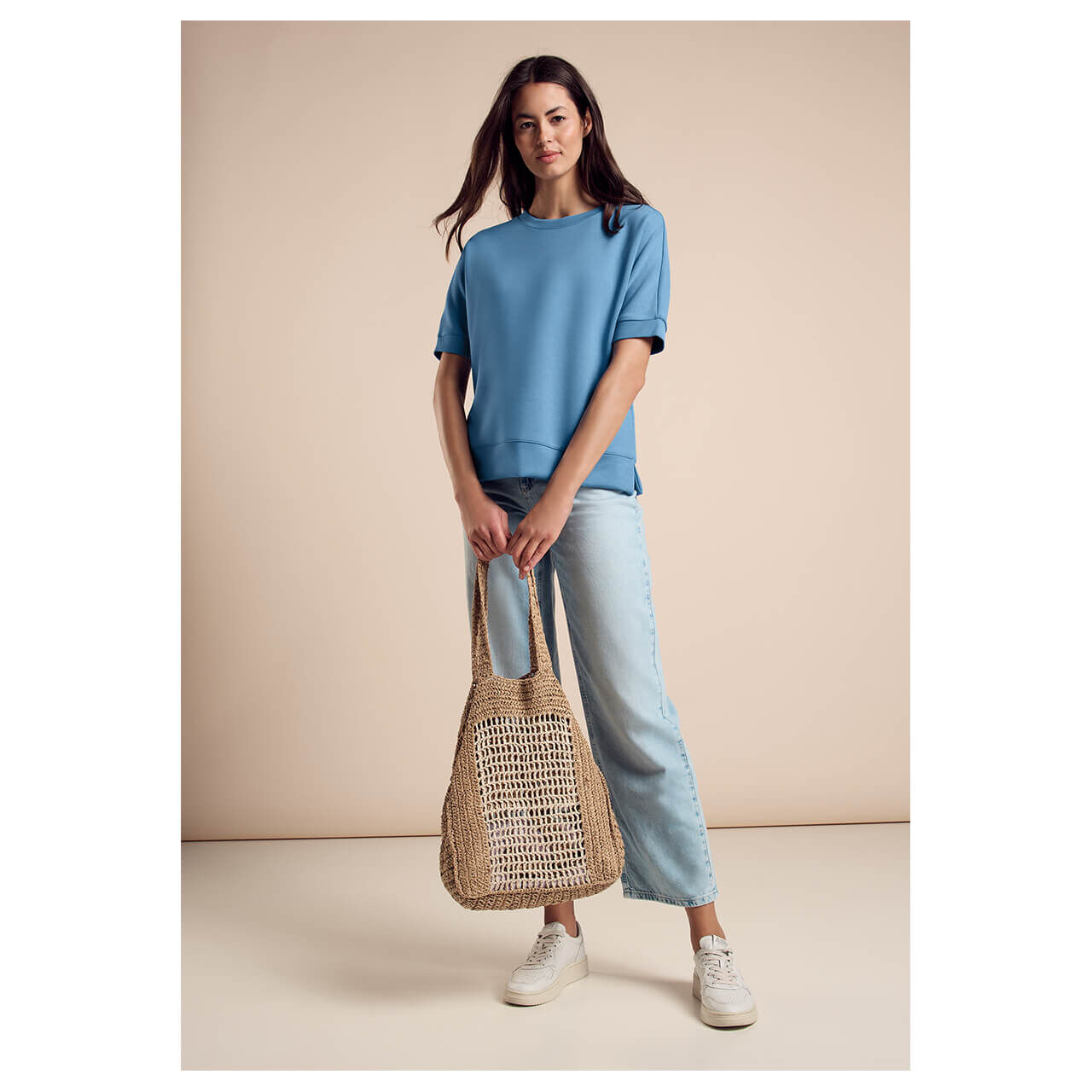 Street One Damen Kurzarm Sweatshirt Silk Look marina blue