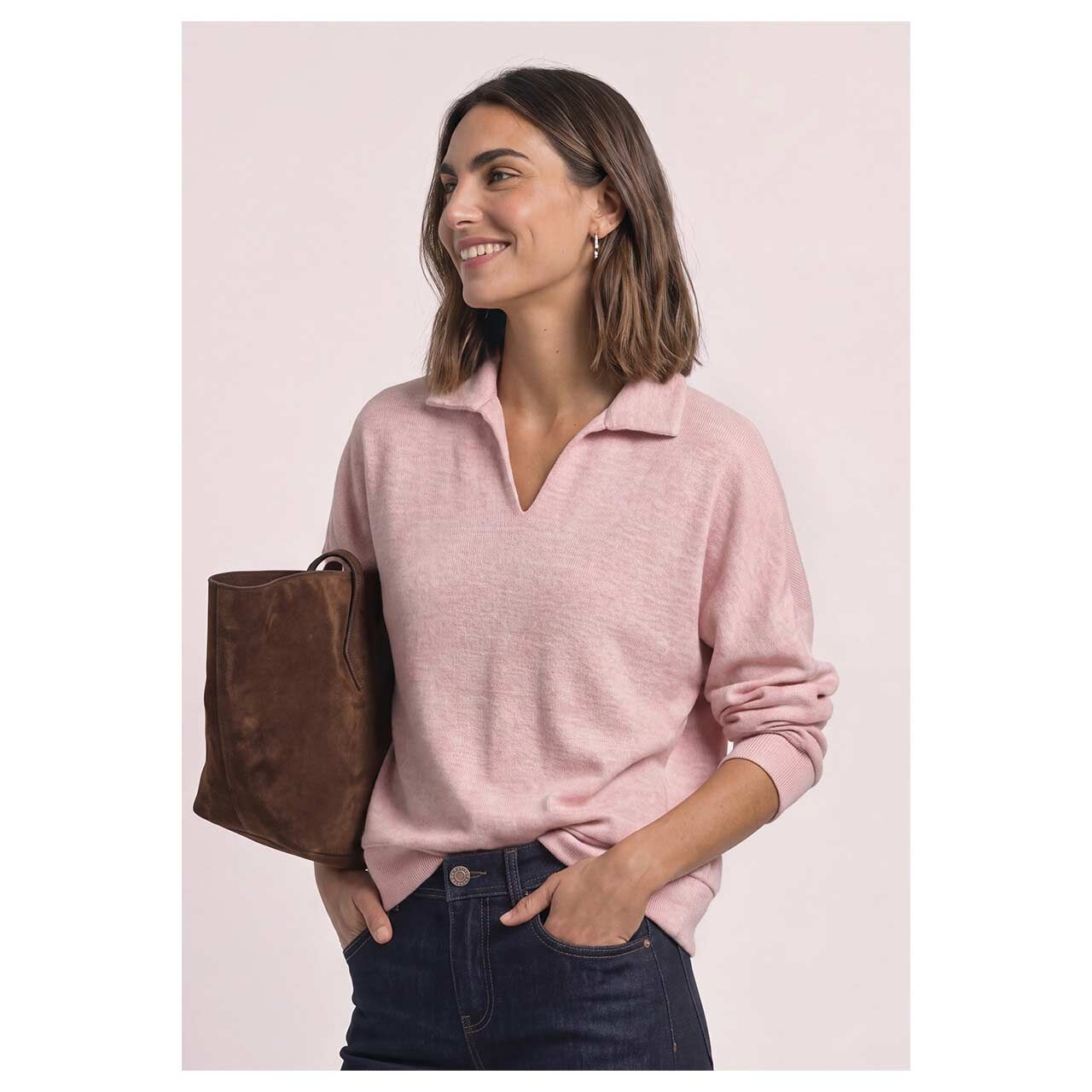 Damen Polo Pullover Soft von Street One in Rosa meliert, Vorderansicht am Model