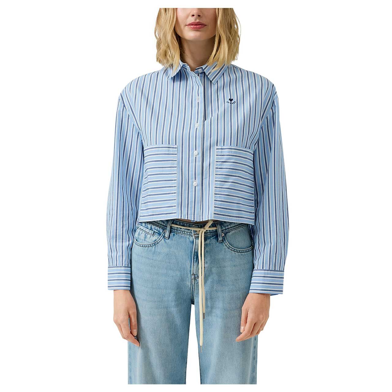 Damen Langarm Bluse von s.Oliver in Hellblau gestreift, Vorderansicht am Model