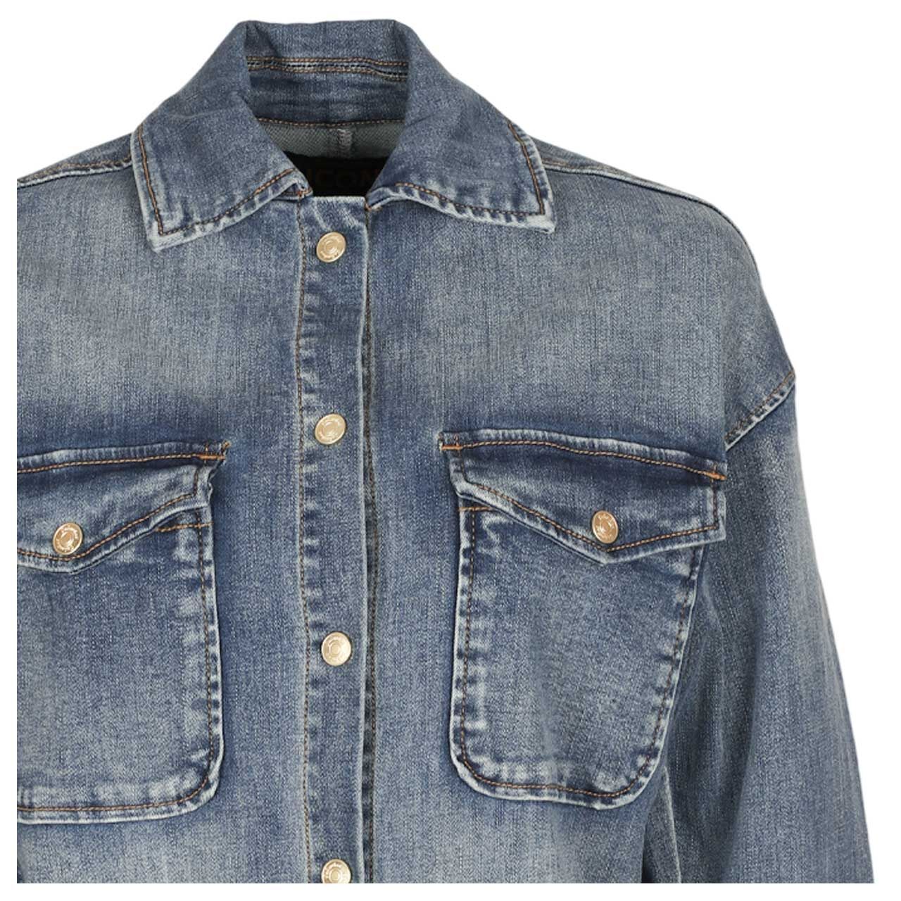 Damen Langarm Bluse von  Senoritas ICON in Blau angewaschen, detaillierte Vorderansicht