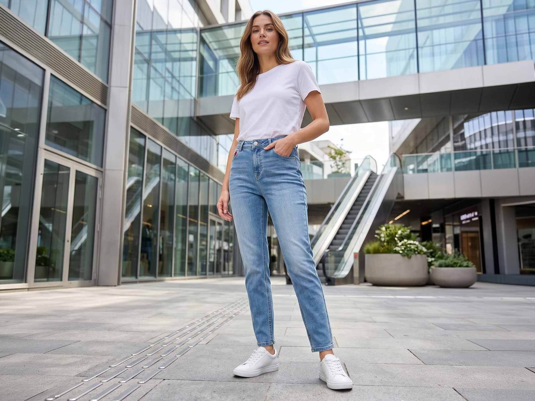 Eine Frau mit dunkelblonden Haaren trägt ein weißes T-Shirt und eine hellblaue Jeans.