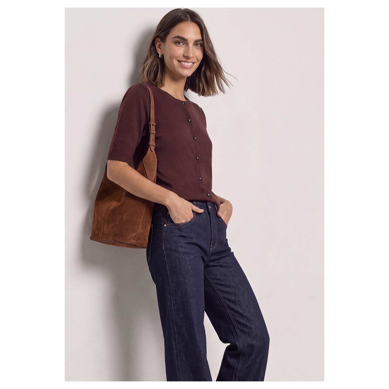 Damen Kurzarm Strickjacke Short Sleeve Cardigan von Street One in Lila, Vorderansicht am Model