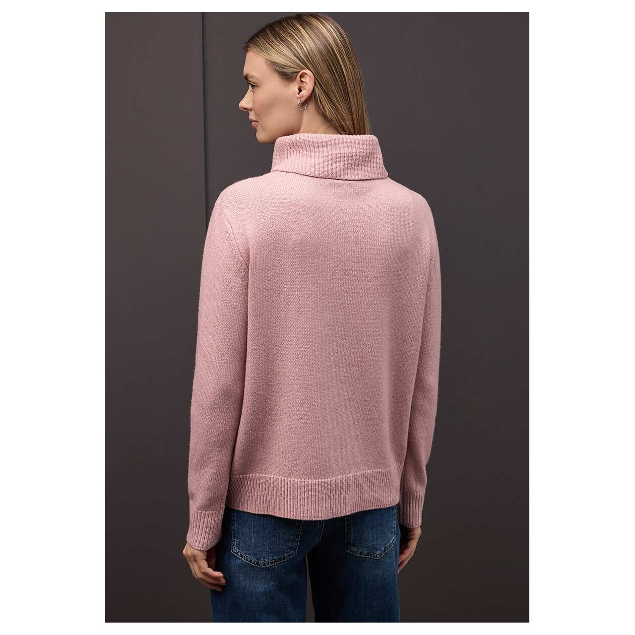 Damen Rollkragen Pullover Cosy Sweater von Street One in Rosa meliert, Rückansicht am Model