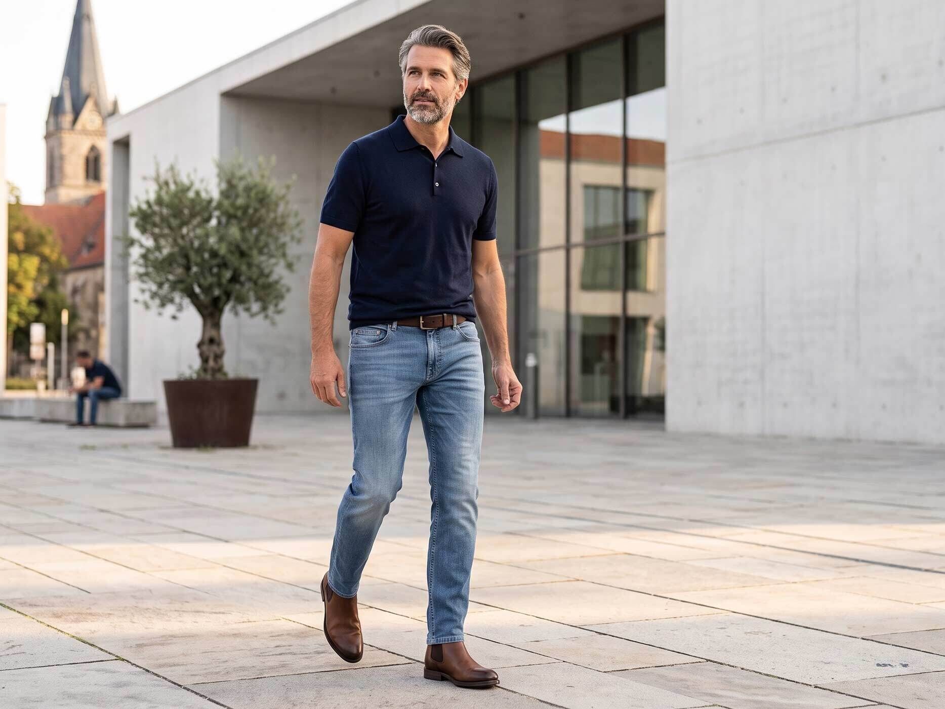 Ein Mann mittleren Alters geht bei Sonnenschein in blauer Jeans und dunkelblauem Poloshirt vor einem öffentlichen Gebäude entlang.