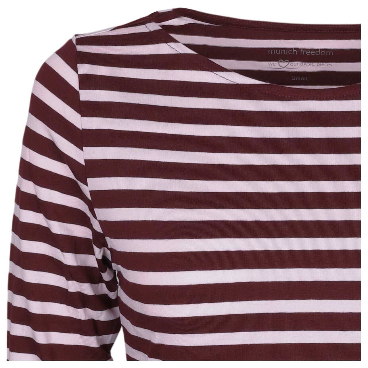 Damen 3/4 Arm Shirt von Munich Freedom in Weinrot-Rosa gestreift, detaillierte Vorderansicht