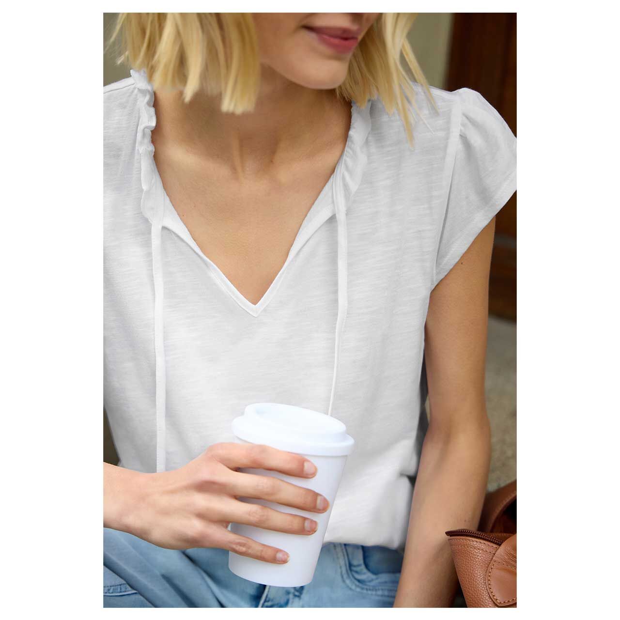 Street One Studio Damen T-Shirt Frill Neck white melange
