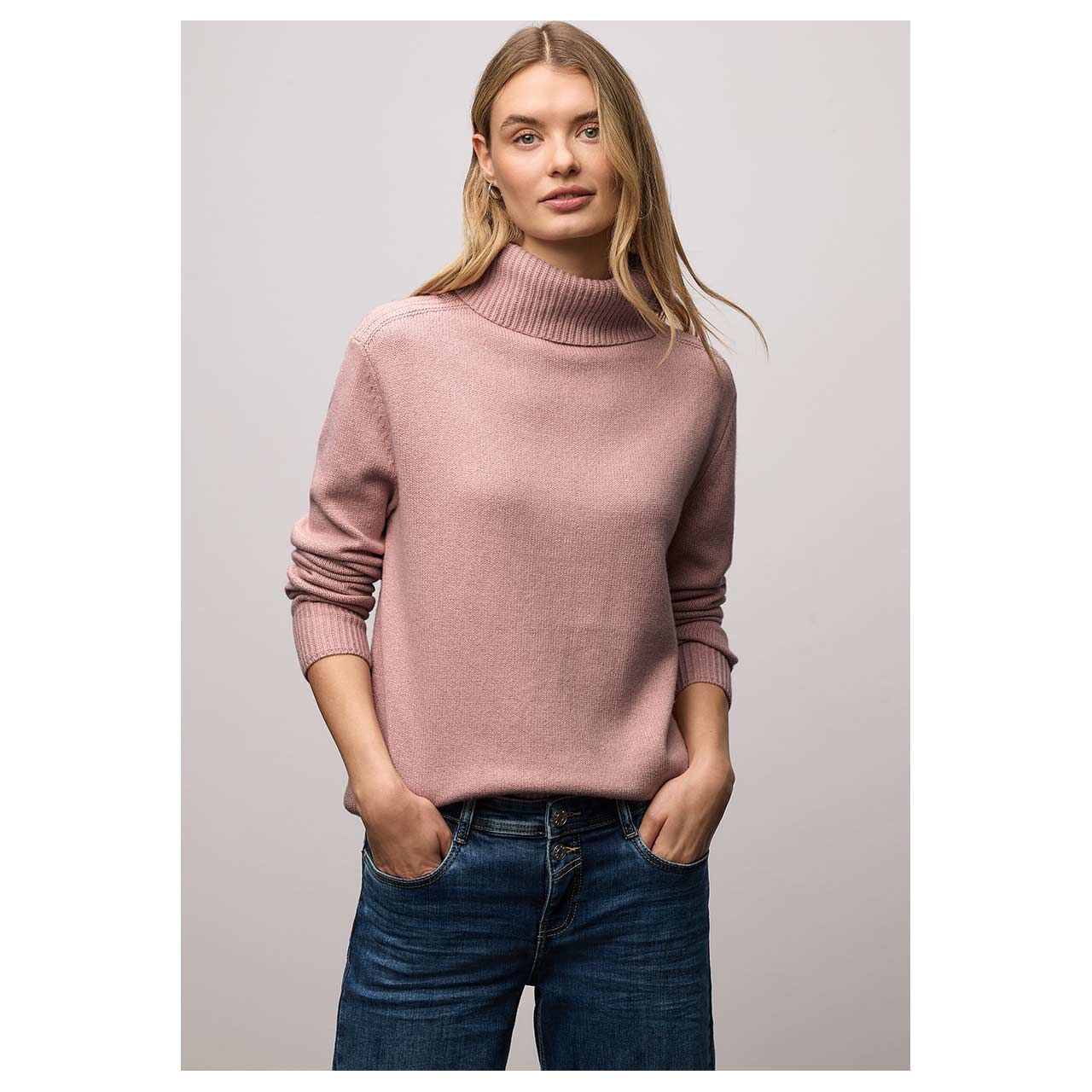 Damen Rollkragen Pullover Cosy Sweater von Street One in Rosa meliert, Vorderansicht