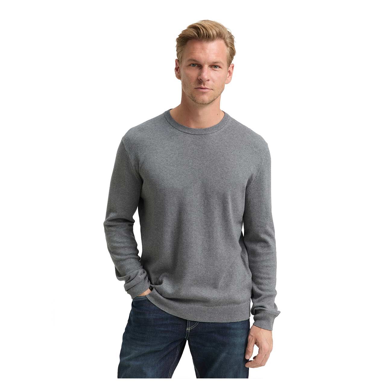 Herren Pullover Cashmere Crewneck Knit von Tom Tailor in Grau meliert, Vorderansicht am Model