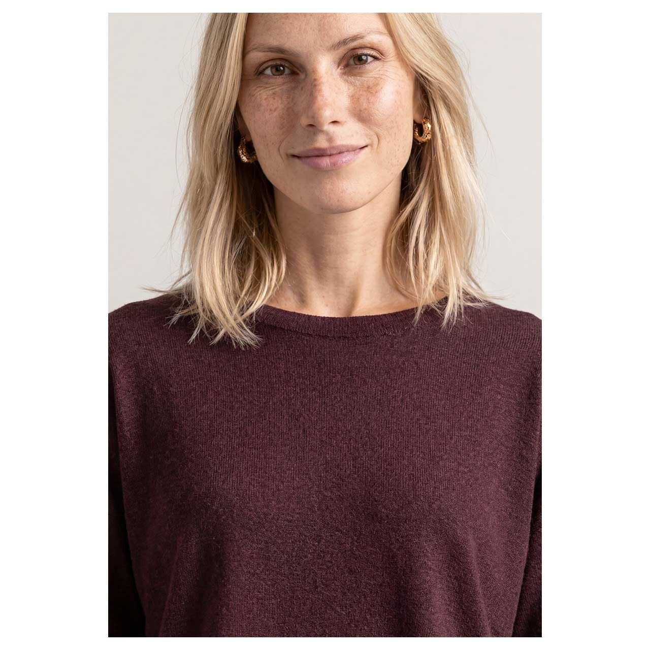 Street One Damen 3/4 Arm Pullover in Lila, detaillierte Vorderansicht am Model