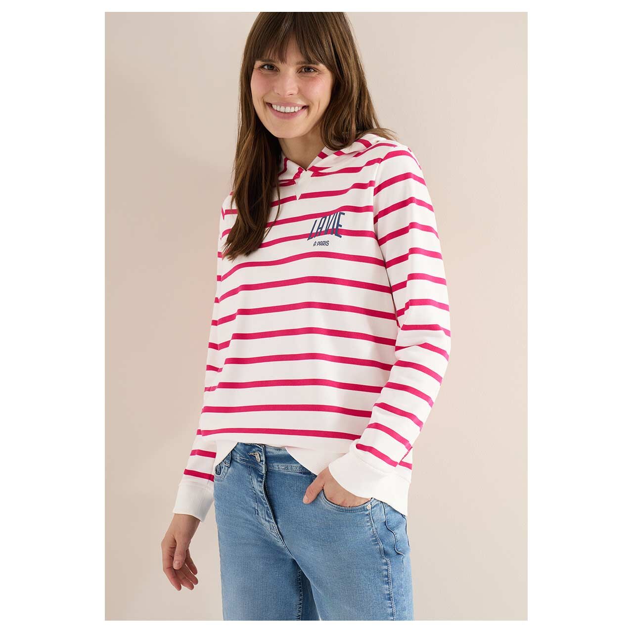 Damen Hoodie Sweatshirt Striped Chest Print von Cecil in Pink gestreift, Vorderansicht am Model
