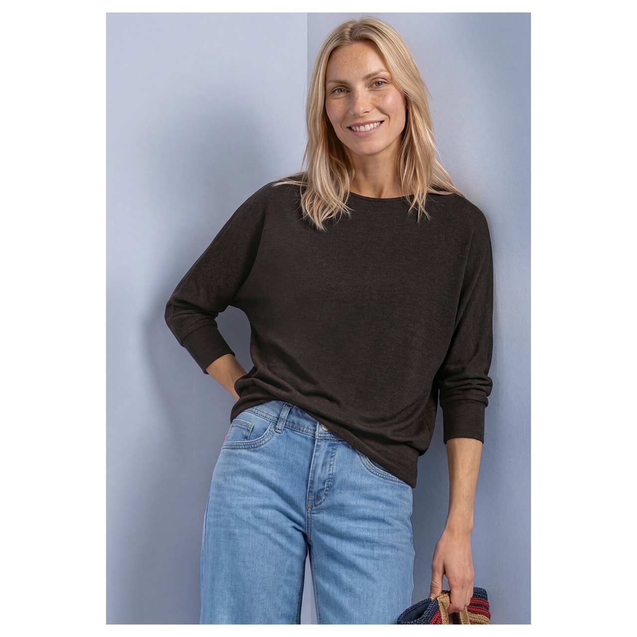 Damen 3/4 Arm Shirt Batwing von Street One in Dunkelbraun meliert, Vorderansicht am Model