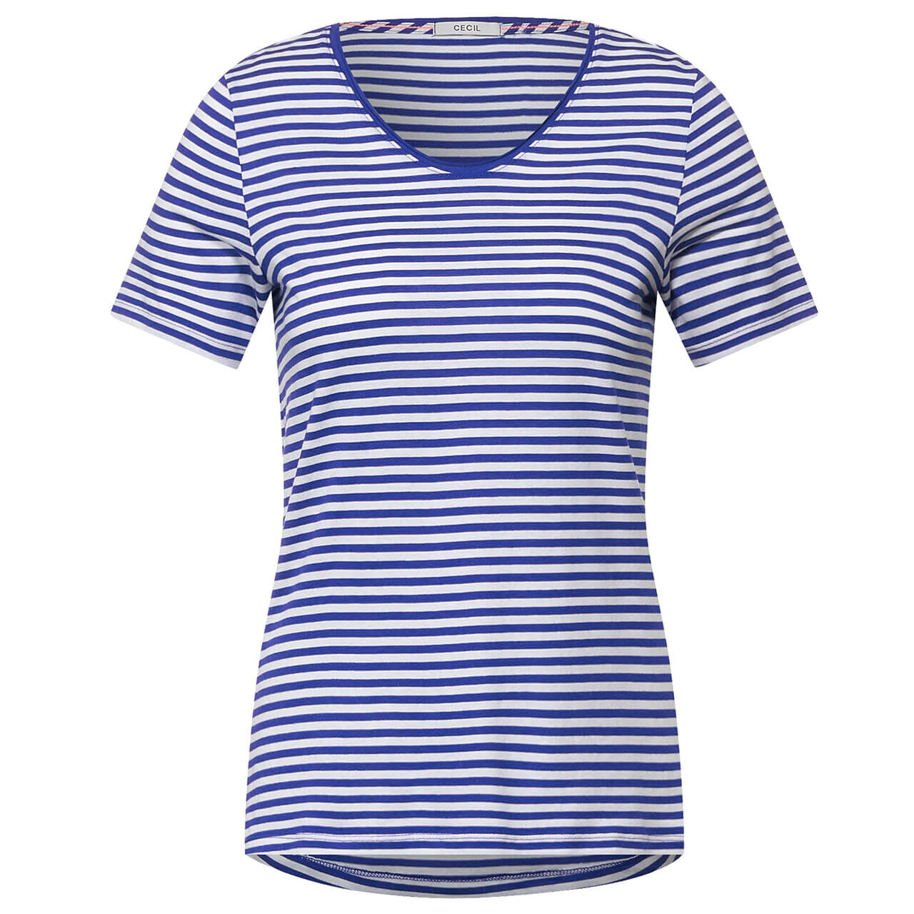 Cecil Striped Rounded V-neck T-Shirt für Damen in Blau gestreift, FarbNr.: 23797