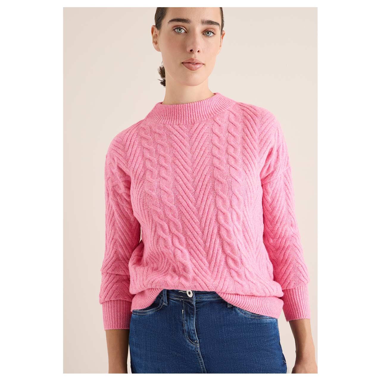 Damen Damen Pullover Cable Mix von Cecil in Pink meliert, Vorderansicht am Model