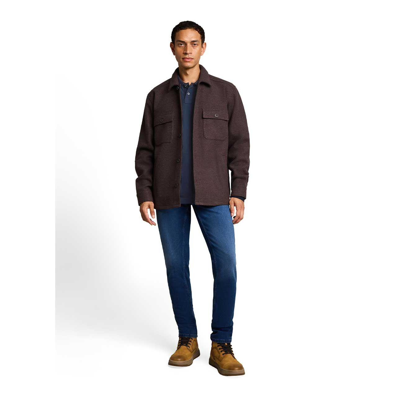 Herren Polo Pullover Basic Longsleeve von Tom Tailor in Dunkelblau, detaillierte Vorderansicht am Model