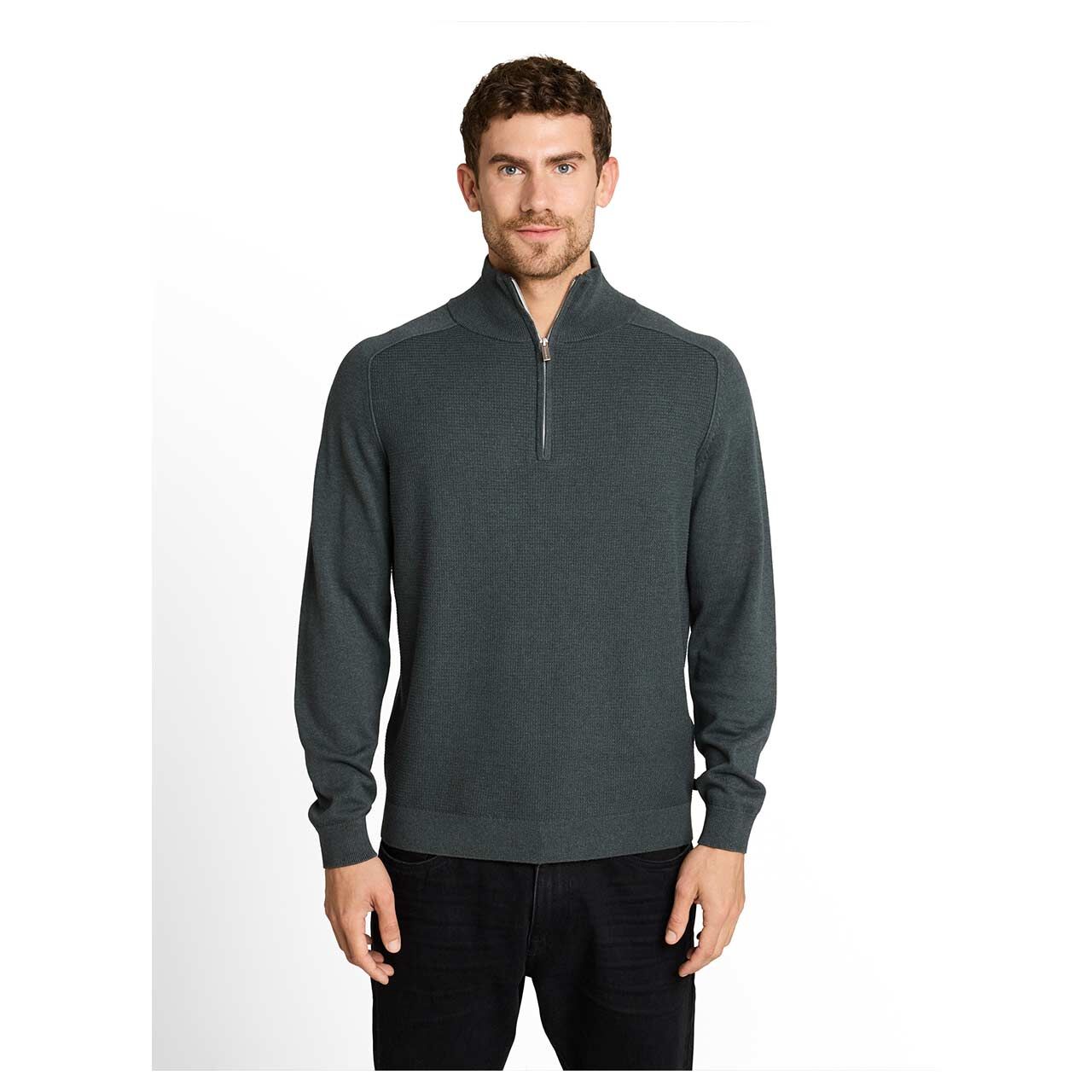 Herren Pullover Basic Knit Troyer von Tom Tailor in Olivgrün meliert , Vorderansicht am Model