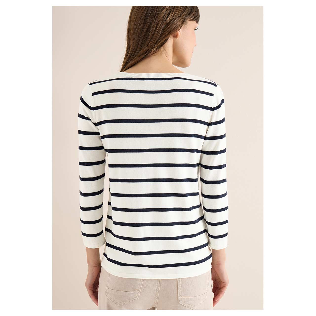 Damen 3/4 Arm Pullover Striped Roundneck Sweater von Cecil in Cremeweiß gestreift, Rückansicht am Model