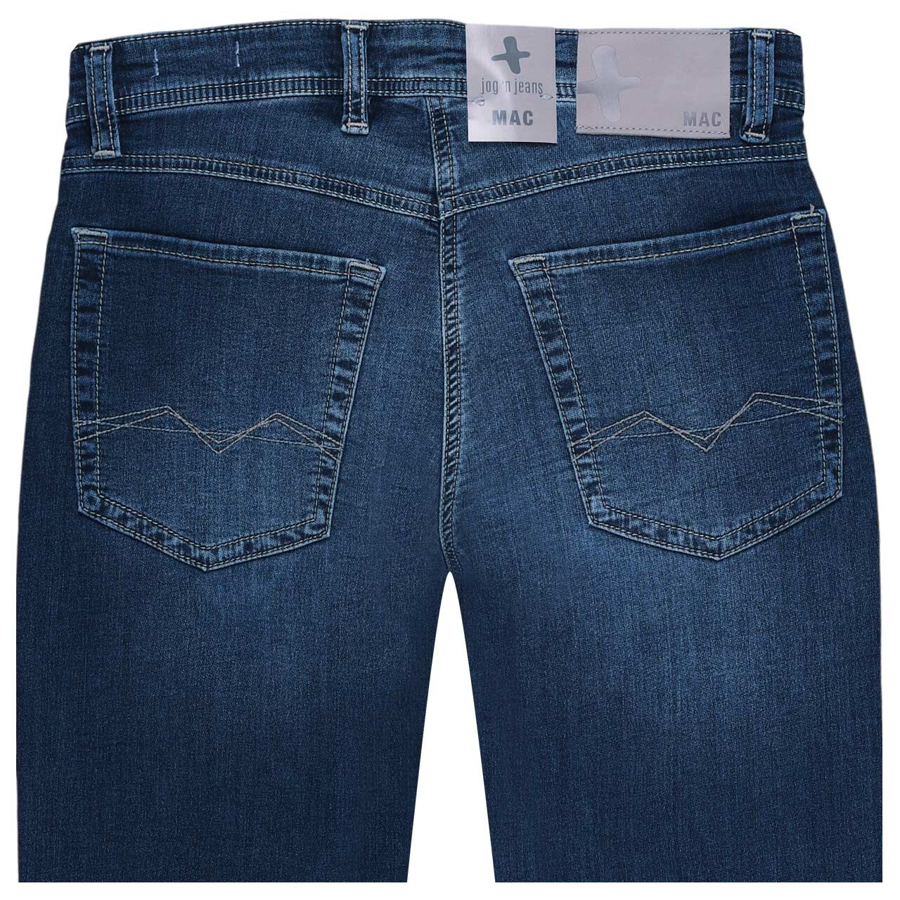 Stretch Herrenjeans Jogn Jeans von MAC in Dunkelblau angewaschen, detaillierte Rückansicht