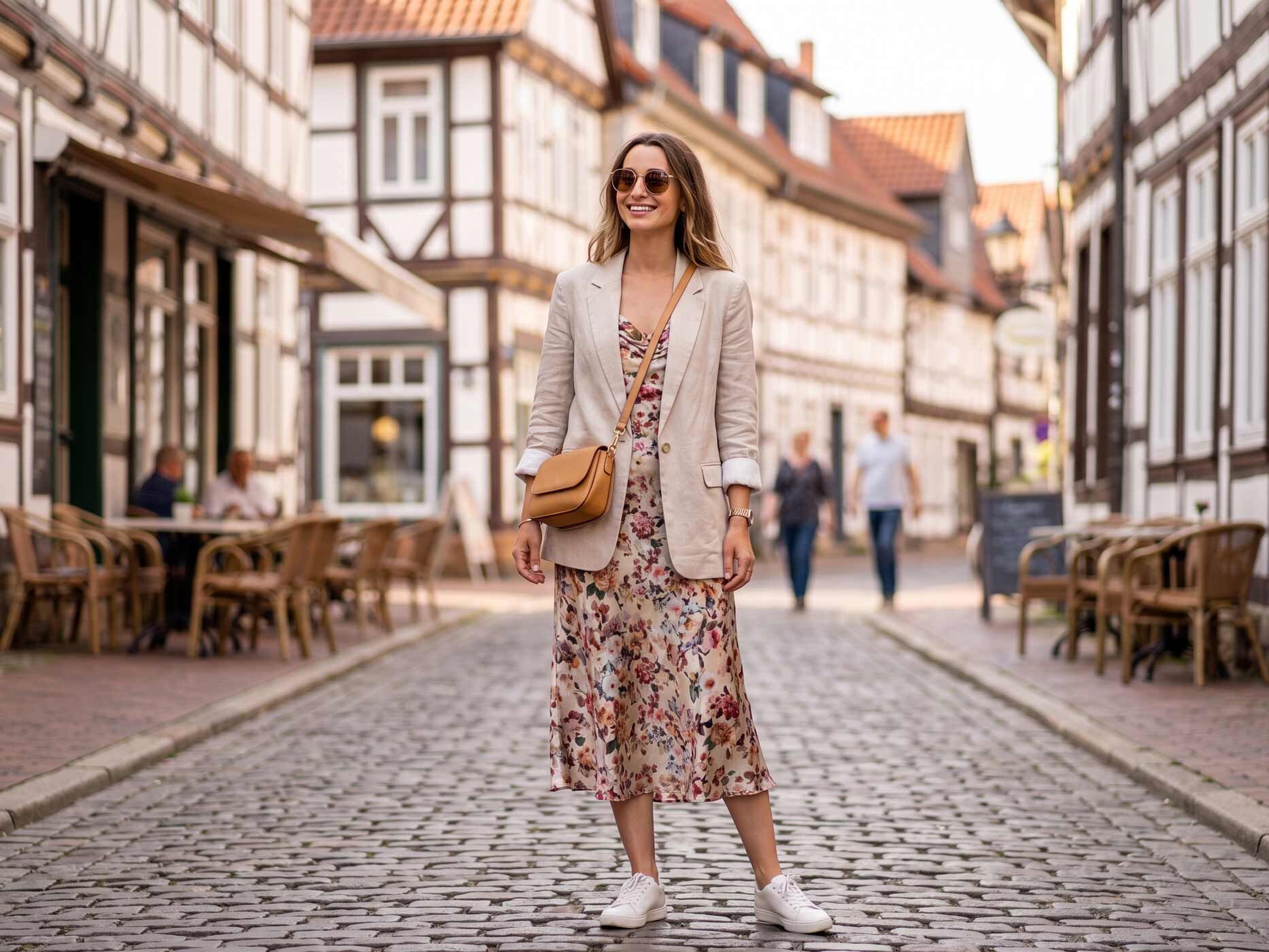 Eine Frau spaziert durch eine Fachwerkstra&szlig;e und kombiniert ein florales Midikleid mit einem hellen Blazer und wei&szlig;en Sneakern. Die lockere Kombination wirkt modern, bequem und alltagstauglich.