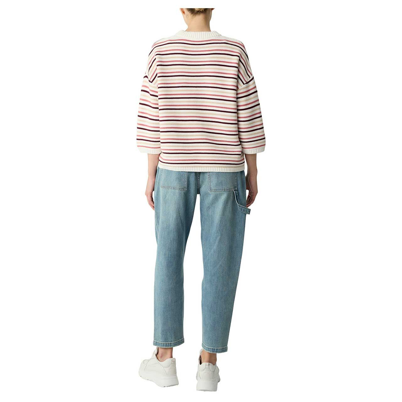 s.Oliver Damen 3/4 Arm Pullover in Weiß gestreift, Ganzkörper Rückansicht Model