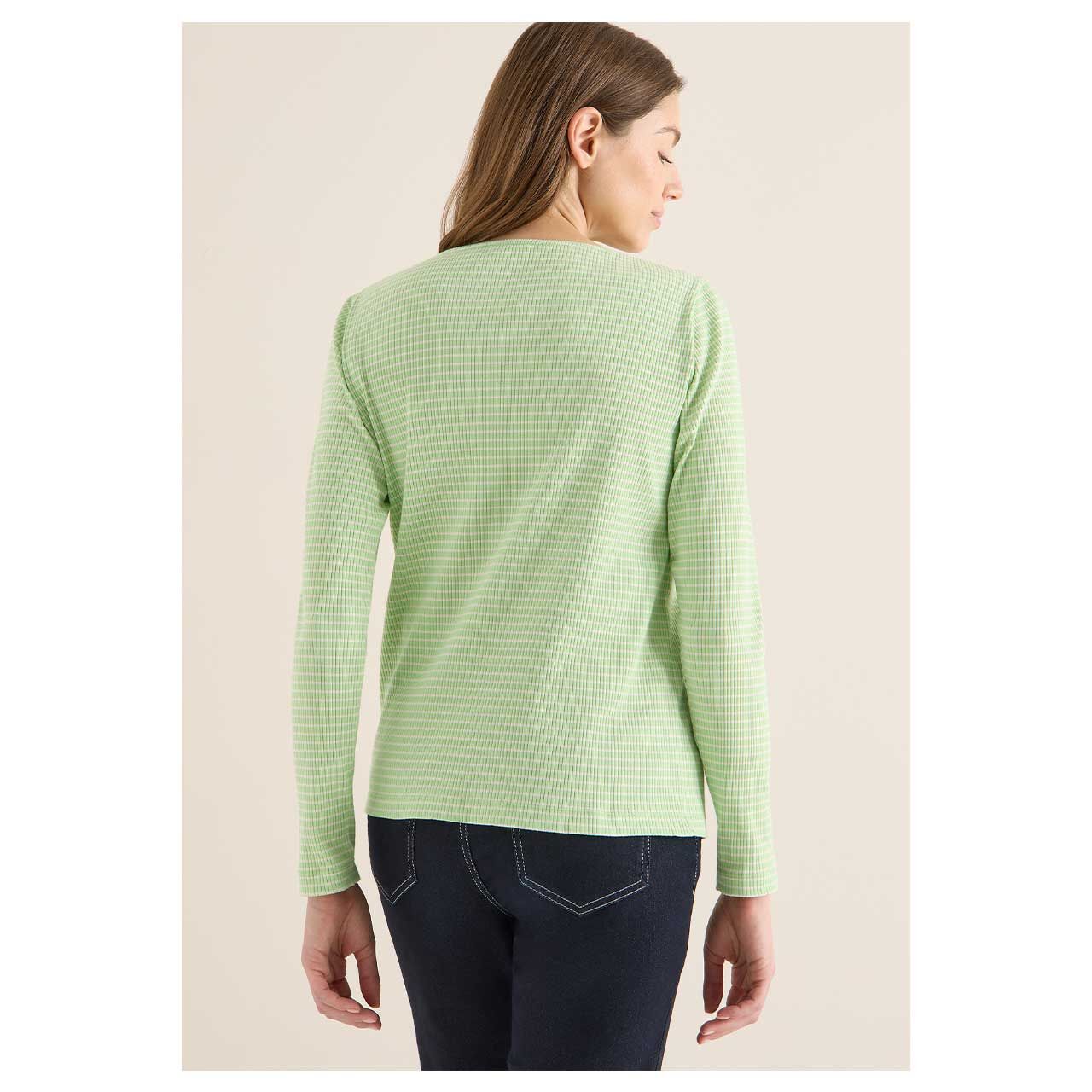 Damen Langarm Shirt Stripe Rib Boatneck von Cecil in Hellgrün gestreift, Rückansicht am Model