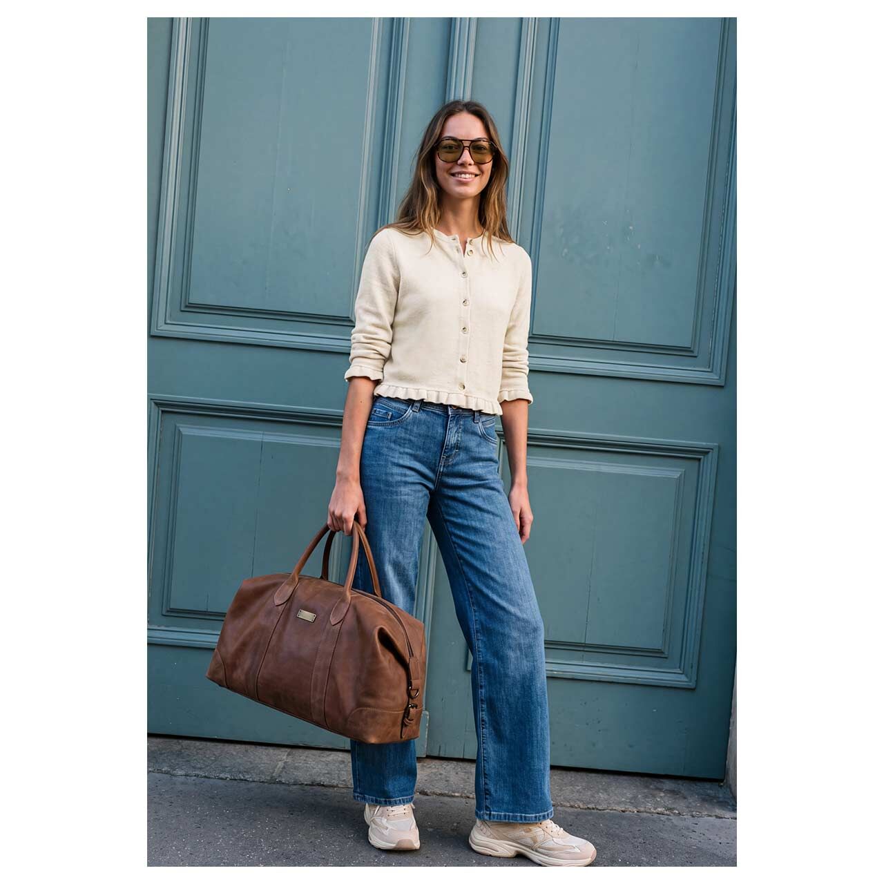 Damen Strickjacke Soft Jacket Frills von Street One Studio in Beige meliert, Ganzkörperansicht am Model
