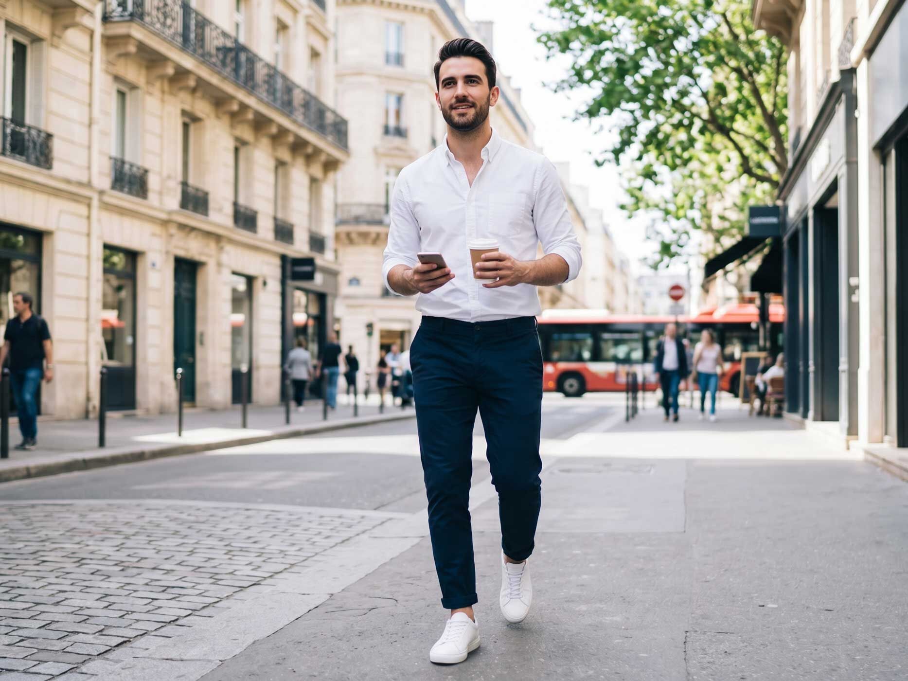 Ein Mann tr&auml;gt eine dunkelblaue Hose mit wei&szlig;em Hemd und wei&szlig;en Sneakern. W&auml;hrend er mit einem Kaffee durch eine helle Einkaufsstra&szlig;e geht, demonstriert er einen modernen und unkomplizierten Herrenlook f&uuml;r den Alltag.