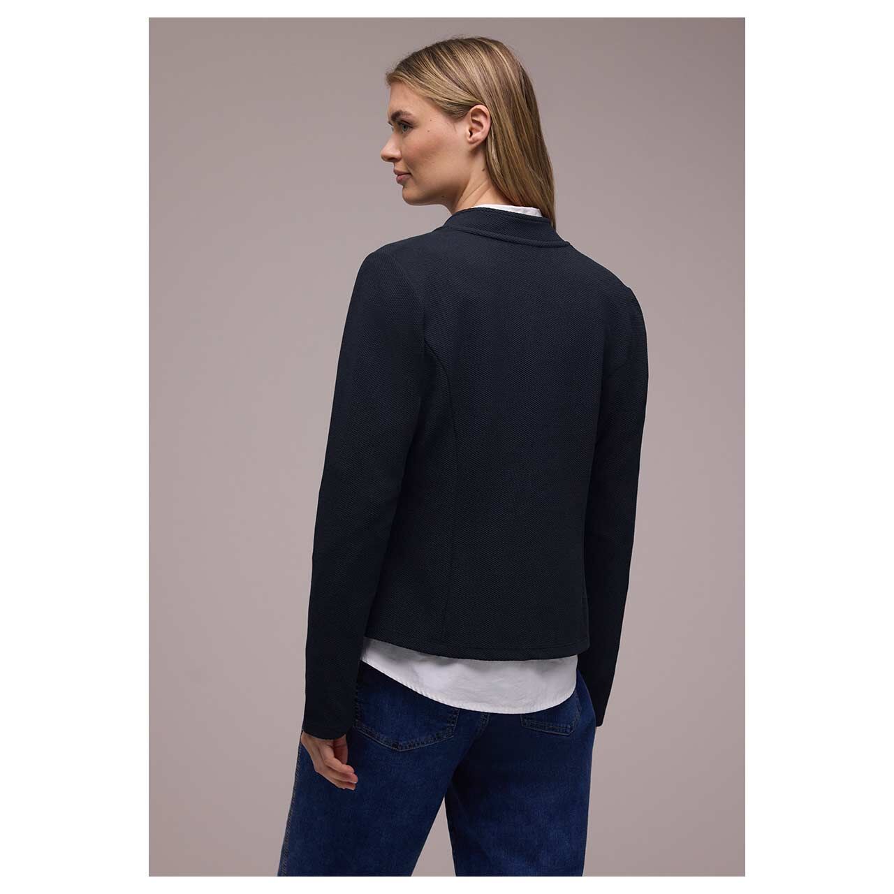 Damen Blazer Structured Jersey von Street One in Dunkelblau, Rückansicht am Model