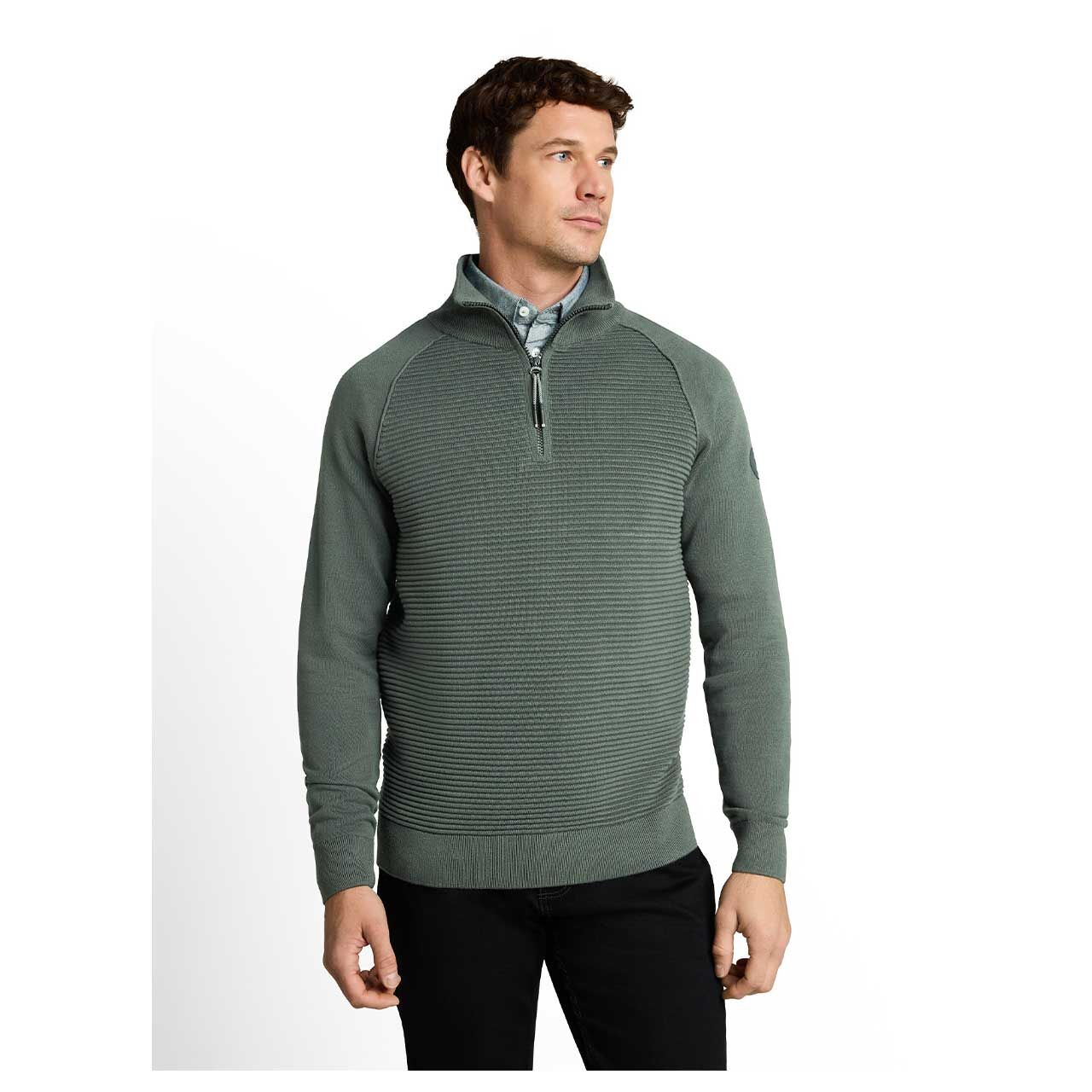 Herren Pullover Minimal Structured Knit Troyer von Tom Tailor in Olivgrün, Vorderansicht am Model