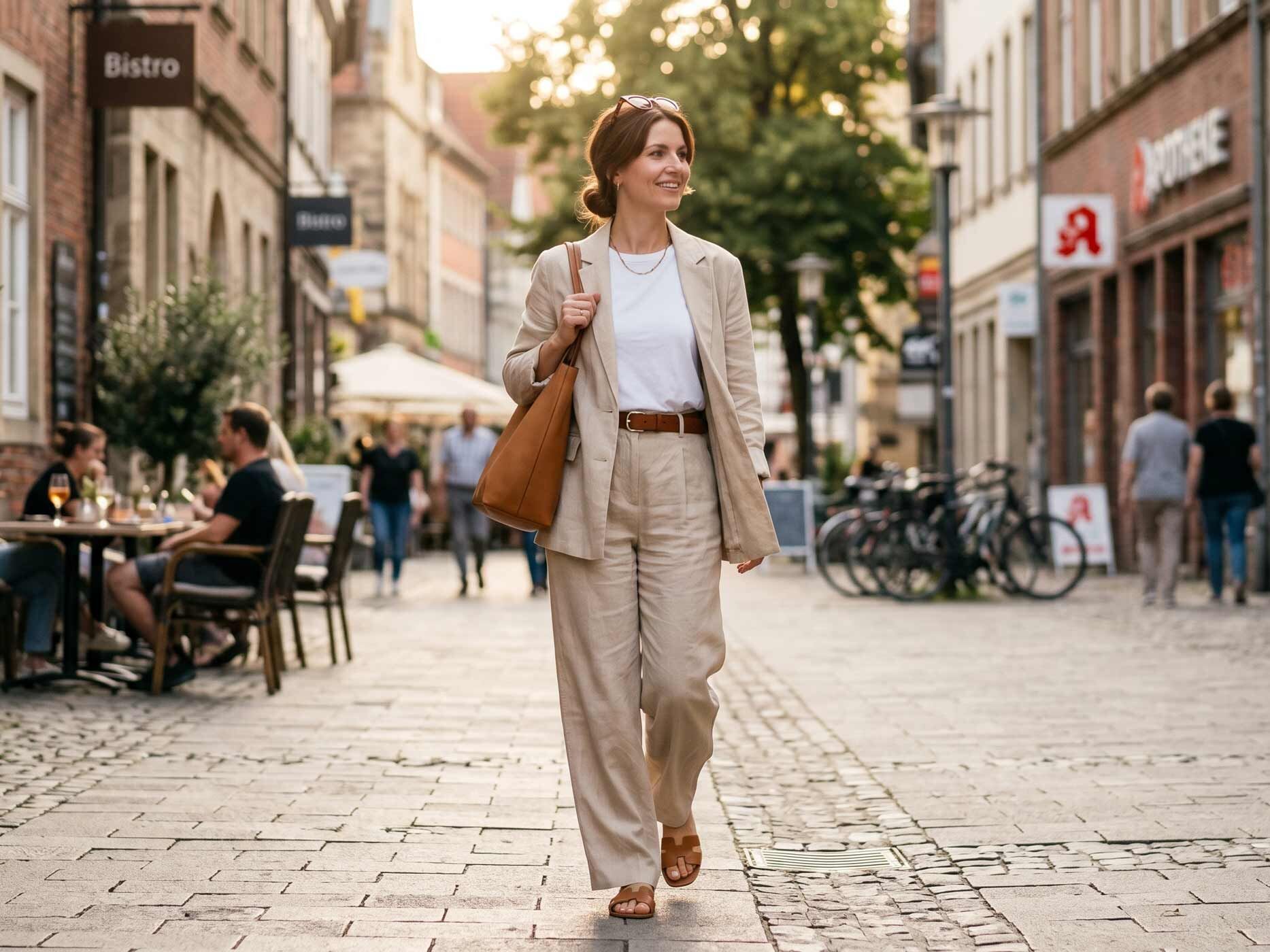 Eine Frau spaziert durch die Innenstadt und kombiniert eine beige Leinenhose mit einem weißen T-Shirt, einem passenden Blazer und braunen Accessoires. Das Outfit zeigt, wie eine Leinenhose auch gepflegt und alltagstauglich gestylt werden kann.