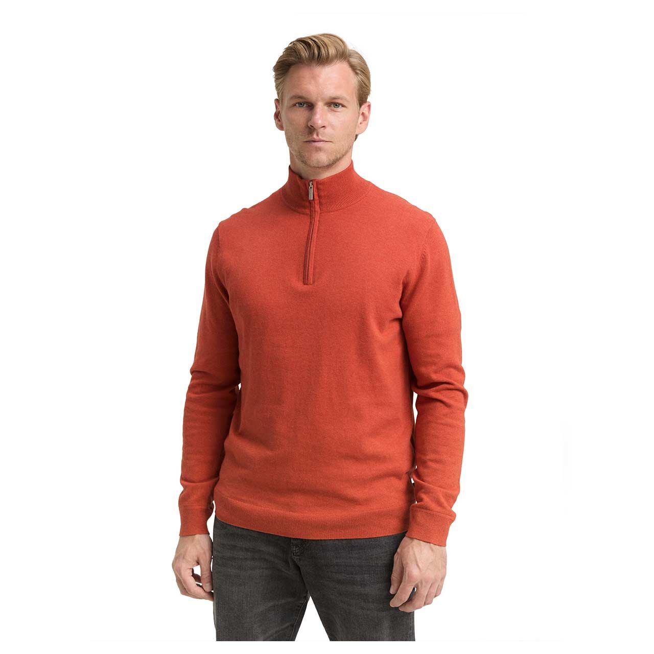 Herren Pullover Troyer Cashmere Knitted von Tom Tailor in Orange meliert, Vorderansicht am Model