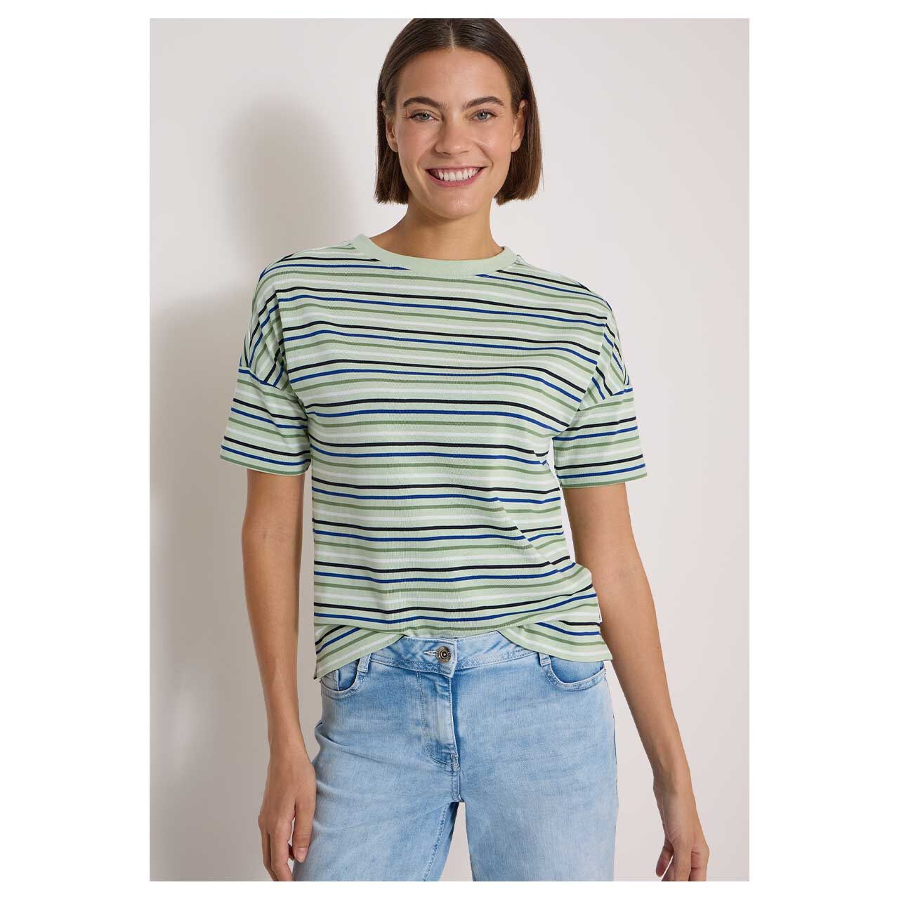 Damen T-Shirt Multi Striped von Cecil in Hellgrün gestreift, Vorderansicht am Model