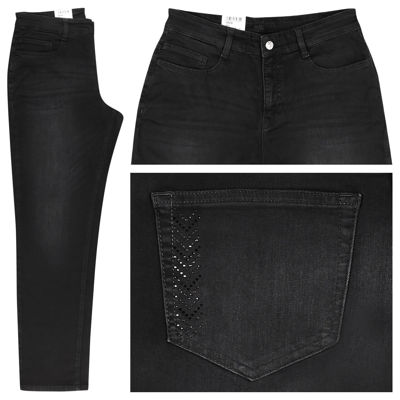 MAC Jeans Stella für Damen in Schwarz verwaschen mit Strass, FarbNr.: D972