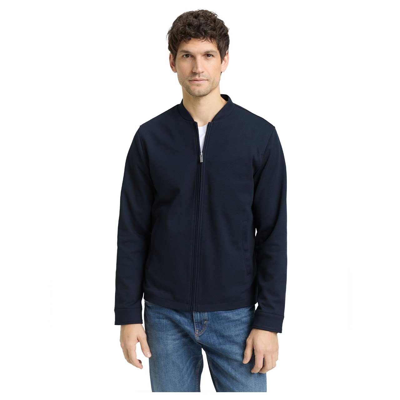 Tom Tailor Herren Jacke Piqué Bomber Jacket in Dunkelblau, Vorderansicht Model