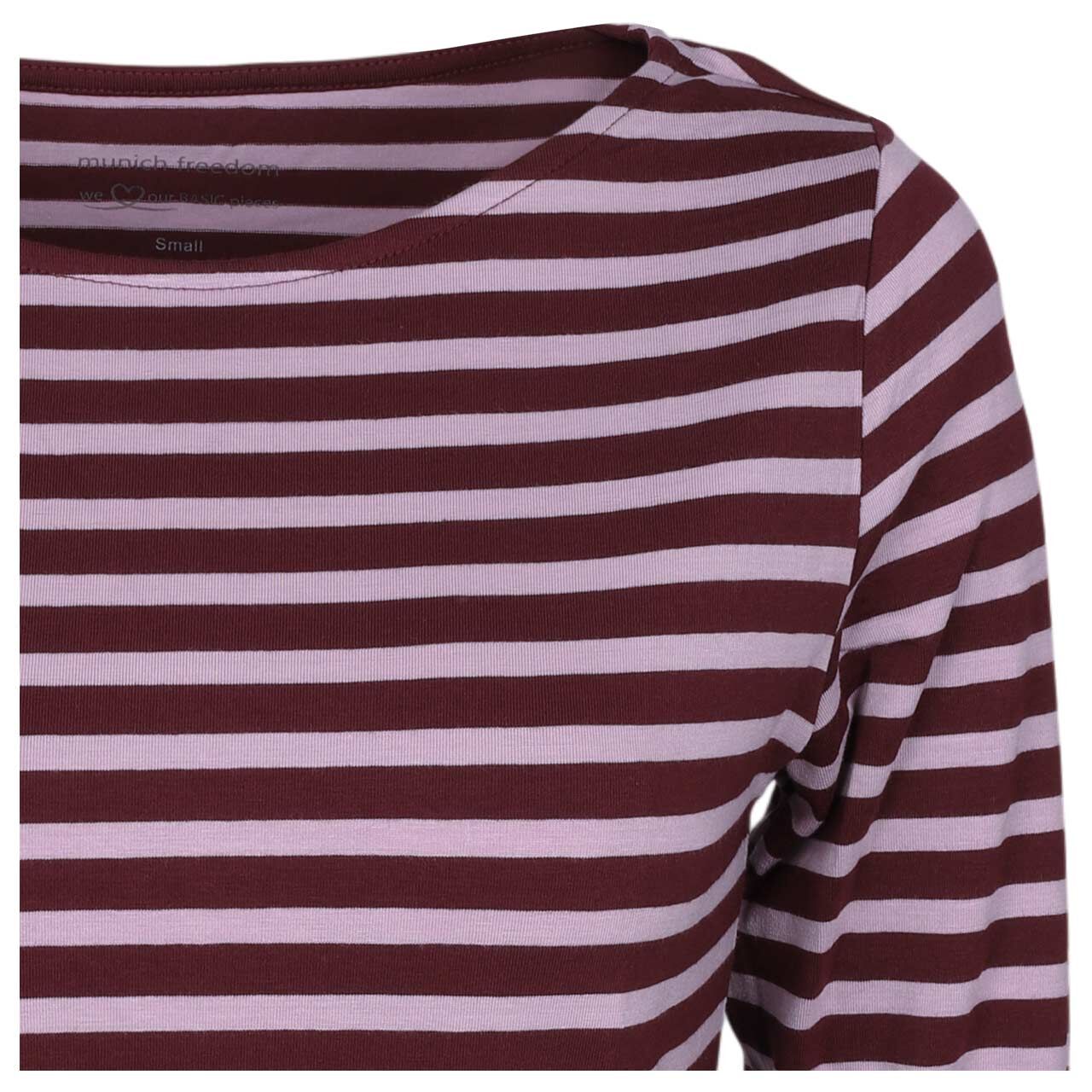 Damen 3/4 Arm Shirt von Munich Freedom in Weinrot-Lila gestreift, detaillierte Vorderansicht