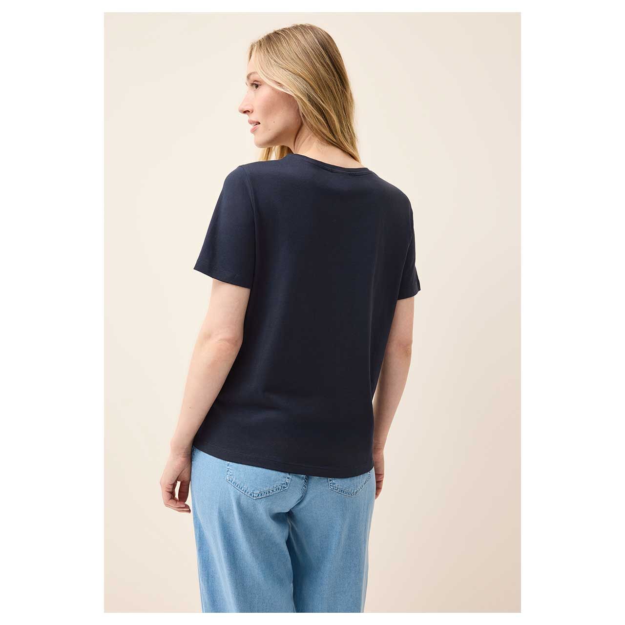Damen T-Shirt Glitter Foil Print von Cecil in Dunkelblau,Rückenansicht am Modell
