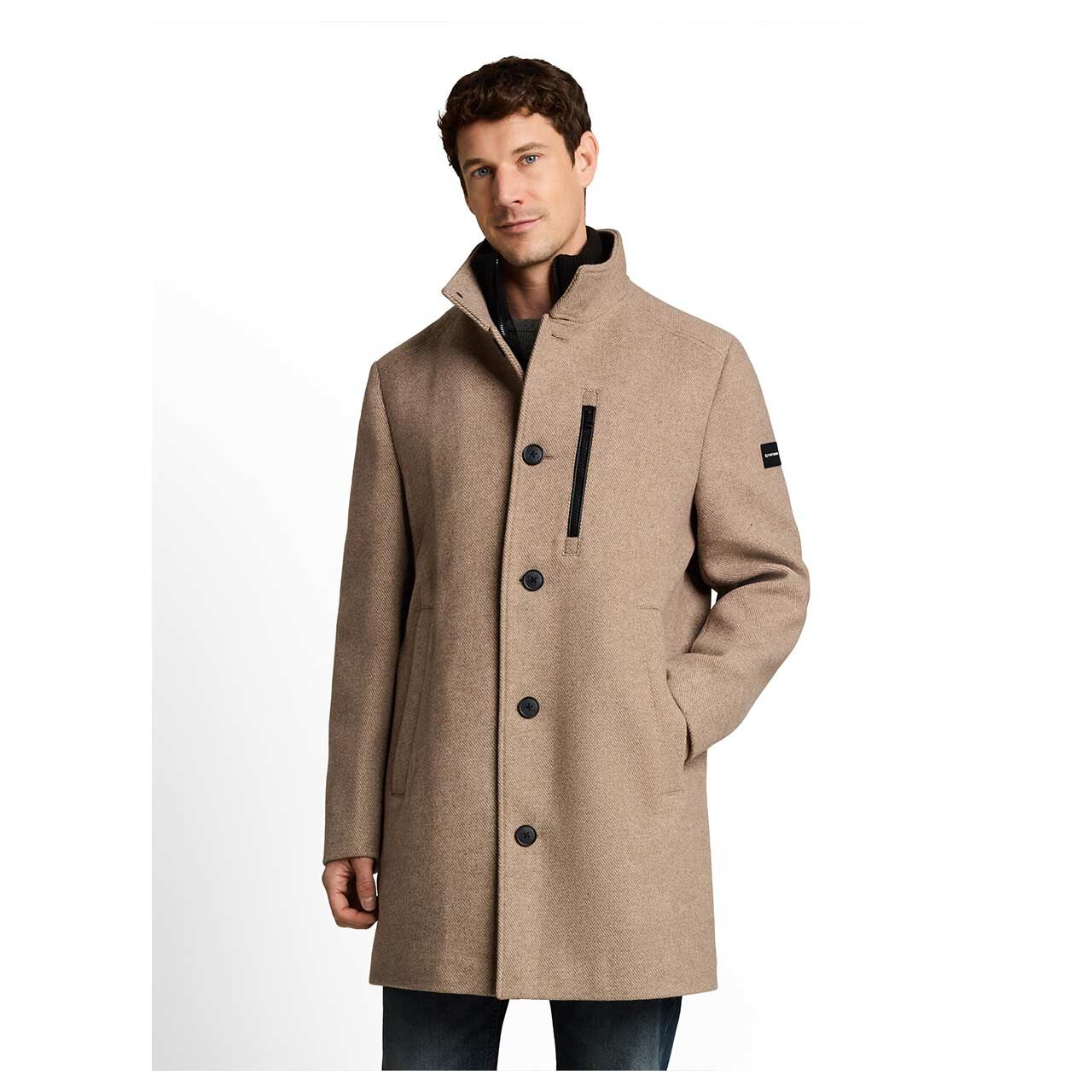 Herren Mantel Wool Coat 2 in 1 von Tom Tailor in Beige meliert, Vorderansicht am Model