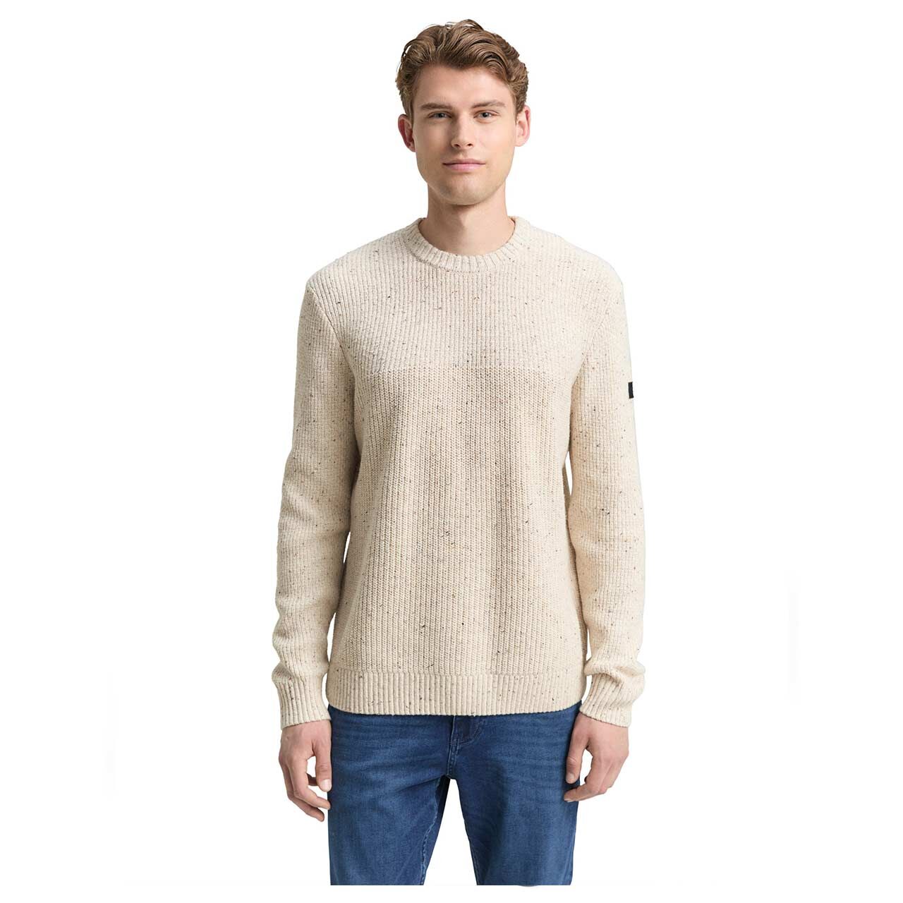 Herren Pullover Structured Mix Crewneck Knit von Tom Tailor in Cremeweiß meliert, Vorderansicht am Model