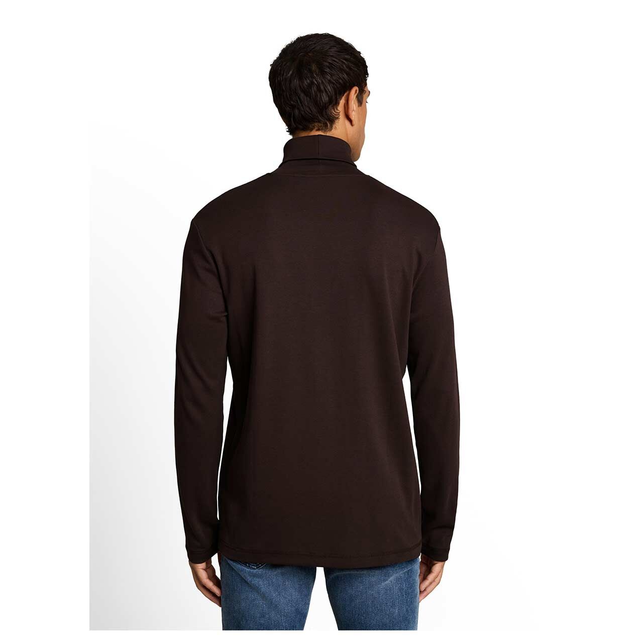 Herren Rollkragen Langarm Shirt Turtleneck von Tom Tailor in Dunkelbraun mit Print, Rückansicht am Model