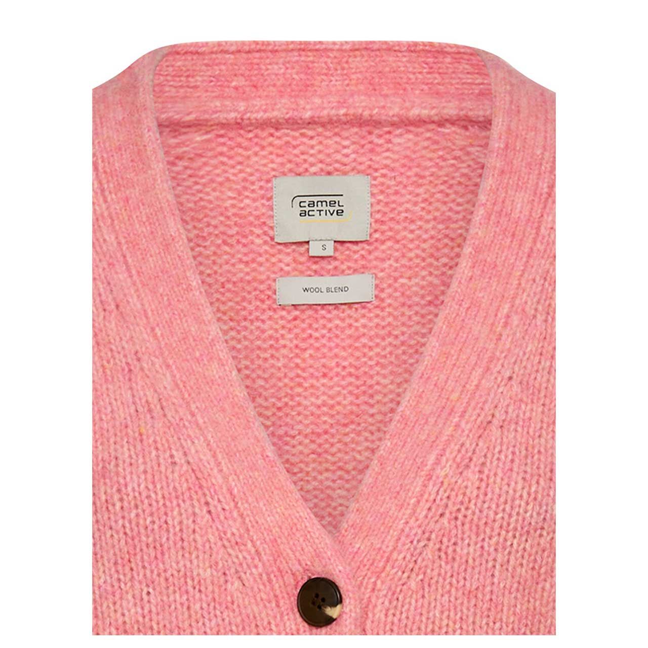 Damen Strickjacke von Camel active in Pink meliert, detaillierte Vorderansicht Ausschnitt