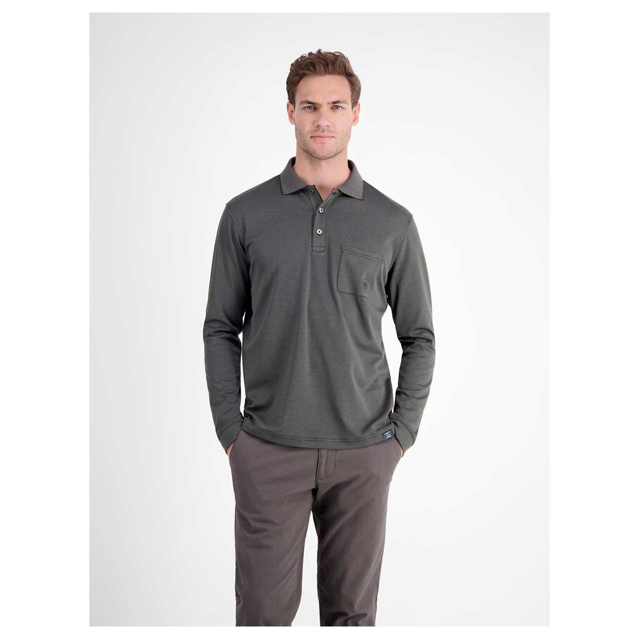Herren Polo Langarm Shirt von Lerros in Dunkelgrau, Vorderansicht am Model