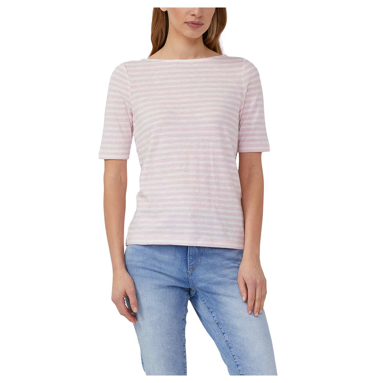 s. Oliver Damen T-Shirt in Rosa gestreift mit der Farbnummer 41G3, Vorderansicht Model