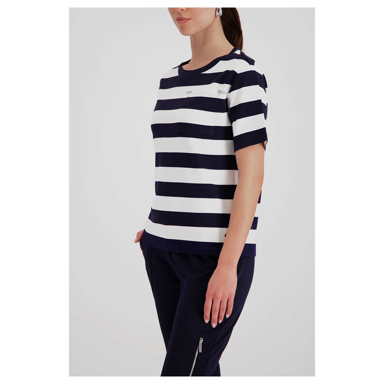 Damen Kurzarm Sweatshirt von Monari in Dunkelblau gestreift, Rückansicht am Model