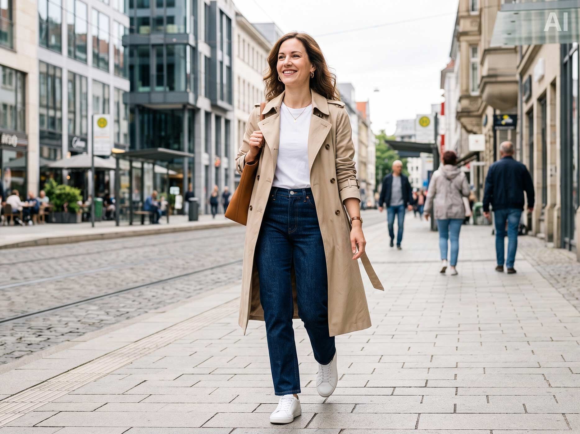Die Frau kombiniert eine dunkelblaue Straight Leg Jeans mit einem weißen T-Shirt, einem beigefarbenen Trenchcoat und weißen Sneakern.